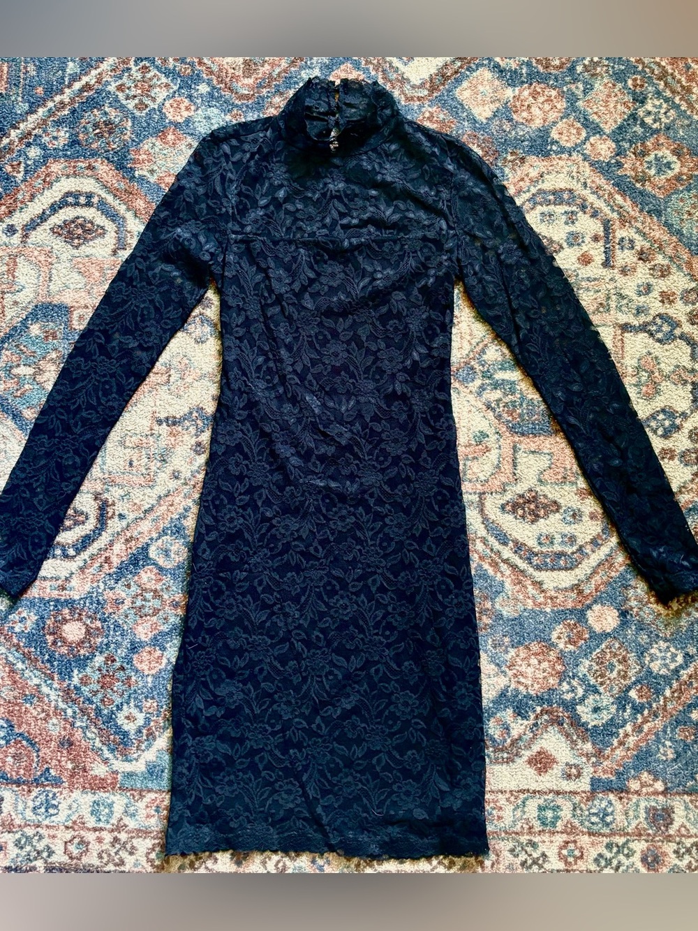 Moda International Black Lace Long Sleeve Mock Neck Dress